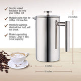 MIRA Stainless Steel French Press Coffee Maker | Double Walled Insulated Coffee & Tea Brewer Pot & Maker | Keeps Brewed Coffee or Tea Hot | 34 Oz (1000 ml) with 3 Extra Filters