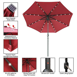 ABCCANOPY Solar Umbrellas Patio Umbrella 9 FT LED Umbrellas 32LED Lights with Tilt and Crank Outdoor Umbrella Table Umbrellas for Garden, Deck, Backyard, Pool and Beach,12+Colors, (Burgundy)