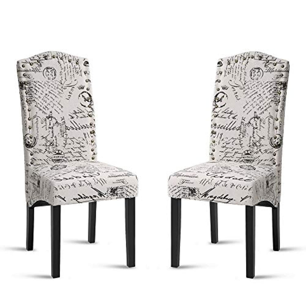 Merax Script Fabric Accent Chair Dining Room Chair with Solid Wood Legs, Beige,Set of 2