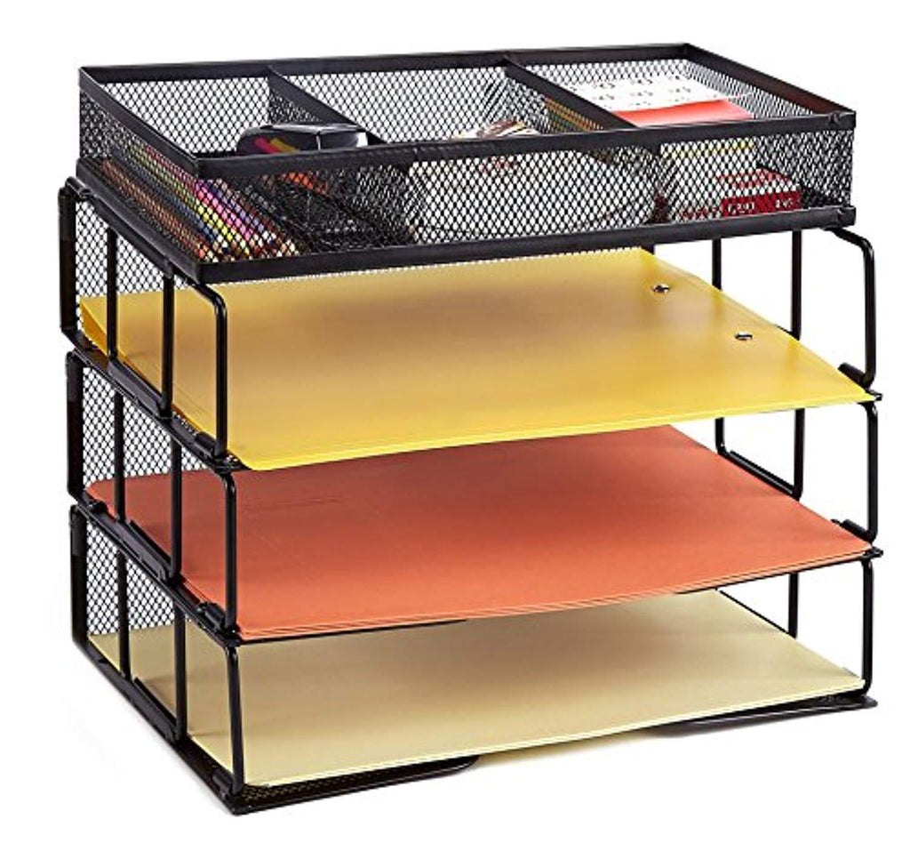 ProAid Mesh Office Desk Organizer 3-Tier Stackable Letter Tray Organizer Sorter with 3 Compartments, Black