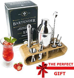 Cocktail Shaker Bartender Kit by Full Send! 12 PC Bar Tool Set with Bamboo Stand, Martini Shaker and Bar Tools - Drink Mixer, Muddler and More! Barware Cart Accessories, Bartending Mixology Supplies
