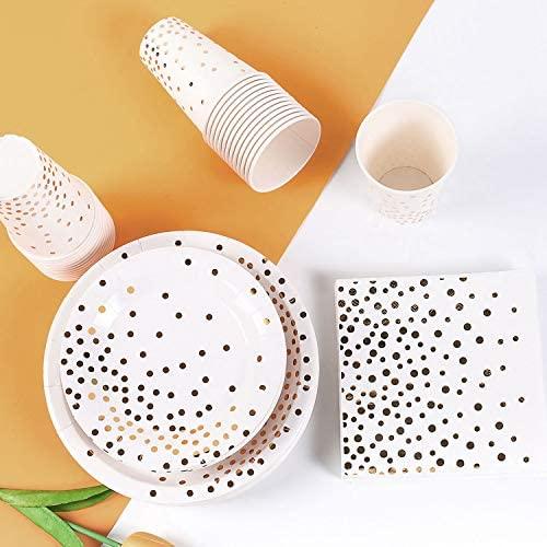 Duocute Pink and Gold Party Supplies 200Pcs Disposable Pink Paper Plates 12oz Cups Napkins Dinnerware Set Golden Dot Theme Party Wedding Bachelorette Girl Birthday Baby Shower, Serves 50