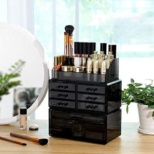 SONGMICS Makeup Organizer 8 Drawers Cosmetic Storage 3 Pieces Set Jewelry Display Case with 16 Top Compartments Black UJMU08B