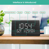 Wooden Digital Alarm Clock with 7 Levels Adjustable Brightness, Voice Command Electric LED Bedside Travel Triangle Alarm Clock, Display Time Date Week Temperature for Bedroom Office Home