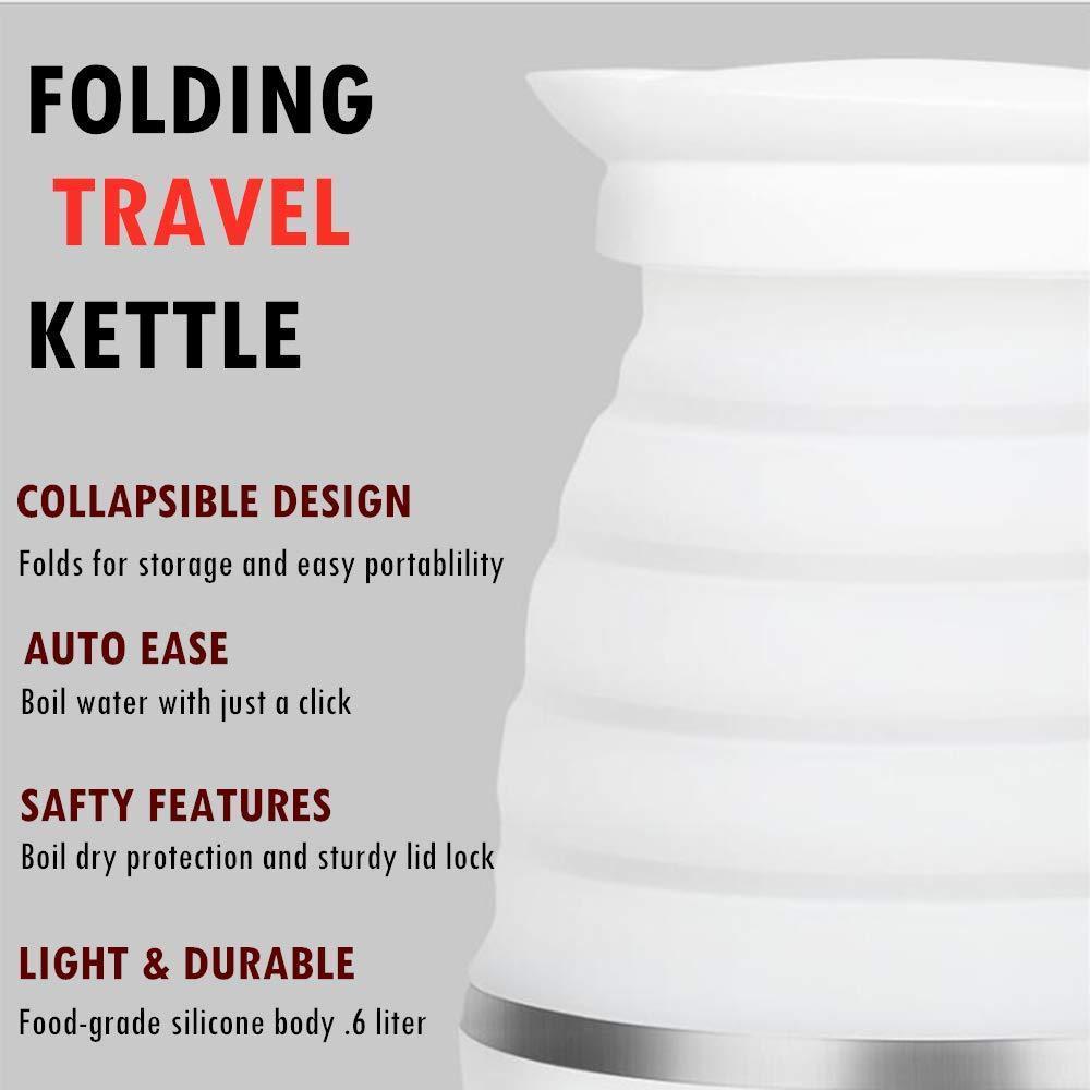 Nathome Travel Foldable Electric Kettle - Fast Water Boiling - Food Grade Silicone - Small, Collapsible, Portable - Boil Dry Protection - .6 Qt - 100/120v - 850W US Plug- White