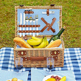 SatisInside Upgrade 2019 USA Insulated Deluxe 16Pcs Kit Wicker Picnic Basket Set for 2 People - Reinforced Handle - Blue Gingham