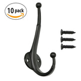 LepoHome 10 Pack Heavy Duty Dual Coat Hooks Wall Mounted with 30 Screws Retro Double Hooks Utility Black Hooks for Coat, Scarf, Bag, Towel, Key, Cap, Cup, Hat