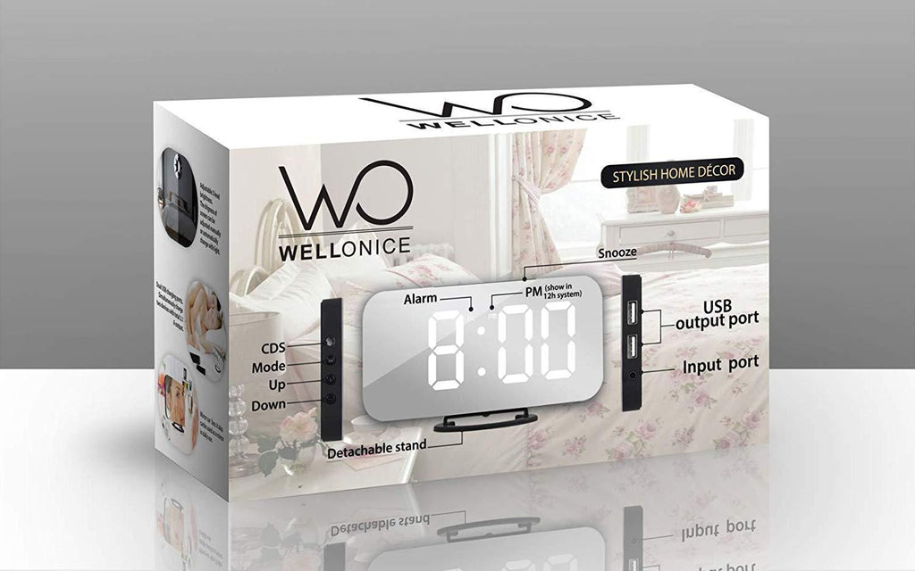 Wellonice Digital Alarm Clock - Stylish led Clock with 2 USB Ports - 6.5 inch Display Stylish led with Automatic Brightness Control