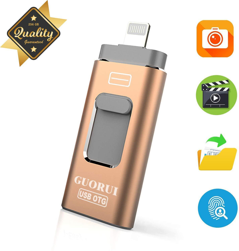 USB Flash Drive 256GB for iPhone Photo Stick backup iPhone Memory Stick External Storage Thumb Drive for iPhone 11 Pro X XR XS MAX 6 7 8 Plus iPad Pro PC Android Password Touch ID Protected Flash Gold
