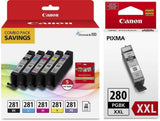 Genuine Canon CLI-281 5-Color Ink Tank Combo Pack with 5 x 5 Photo Paper (2091C006) + Canon PGI-280 Pigment Black Ink Tank (2075C001)