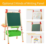 Evergreen Art Supply 3 In 1 Kids Wooden Art Easel with Bonus Kids Art Supplies, Double Sided Children Easel Chalkboard / Magnetic Dry Erase Board