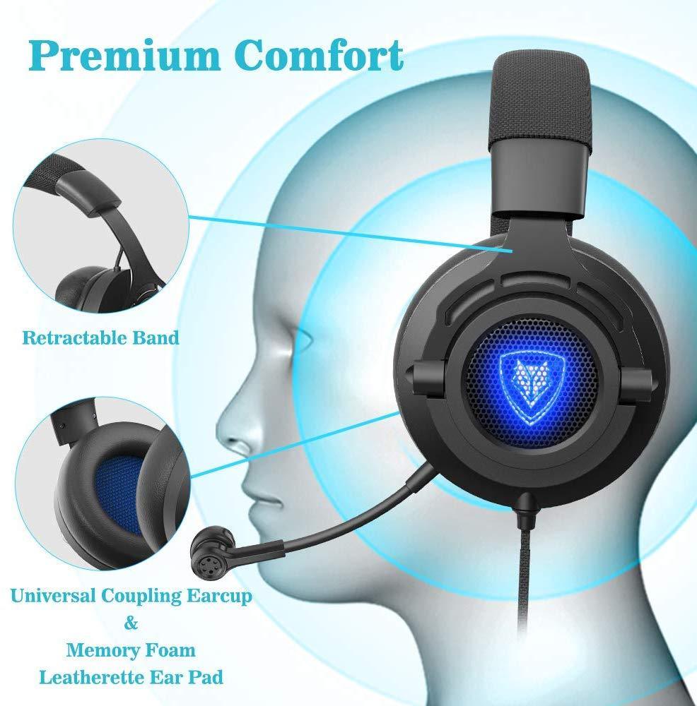 MODOHE N9PRO Gaming Headset, for PS4, Xbox One, Nintendo Switch, Mac, PC, Computer, LED Light, with Detachable Microphone, with Surround Sound Quality 3.5mm Volume Control, Black