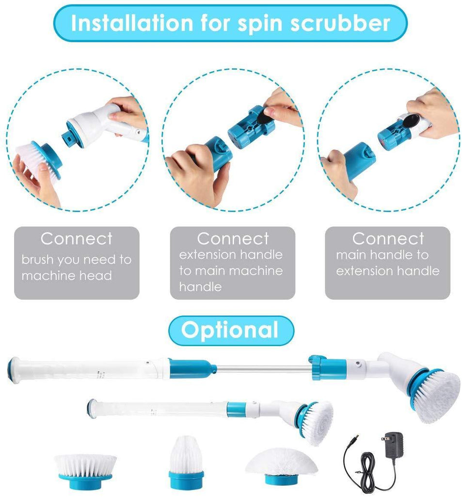 Spin Scrubber, 360 Cordless Tub and Tile Scrubber, Multi-Purpose Power Surface Cleaner with 3 Replaceable Cleaning Scrubber Brush Heads, 1 Extension Arm and Adapter
