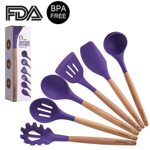 Silicone Cooking Utensils, 6 Pieces Nonstick Kitchen Tool Set BPA Free with Natural Acacia Hard Wood Handle by Maphyton