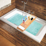LANGRIA Bamboo Bathtub Caddy Tray with Extending Sides Mug/Wineglass/Smartphone Holder, Metal Frame Book/Pad/Tablet Holder with Waterproof Cloth Detachable Sliding Tray Non-Slip Rubber Base