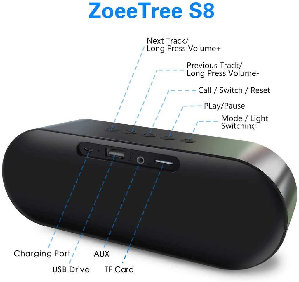 ZoeeTree S8 Bluetooth Speakers V5.0, Speakers Bluetooth Wireless with 10W HD Sound and Rich Bass, LED Flashing Light, 12H Playtime, Built-in Mic, Portable Speaker Works with Alexa