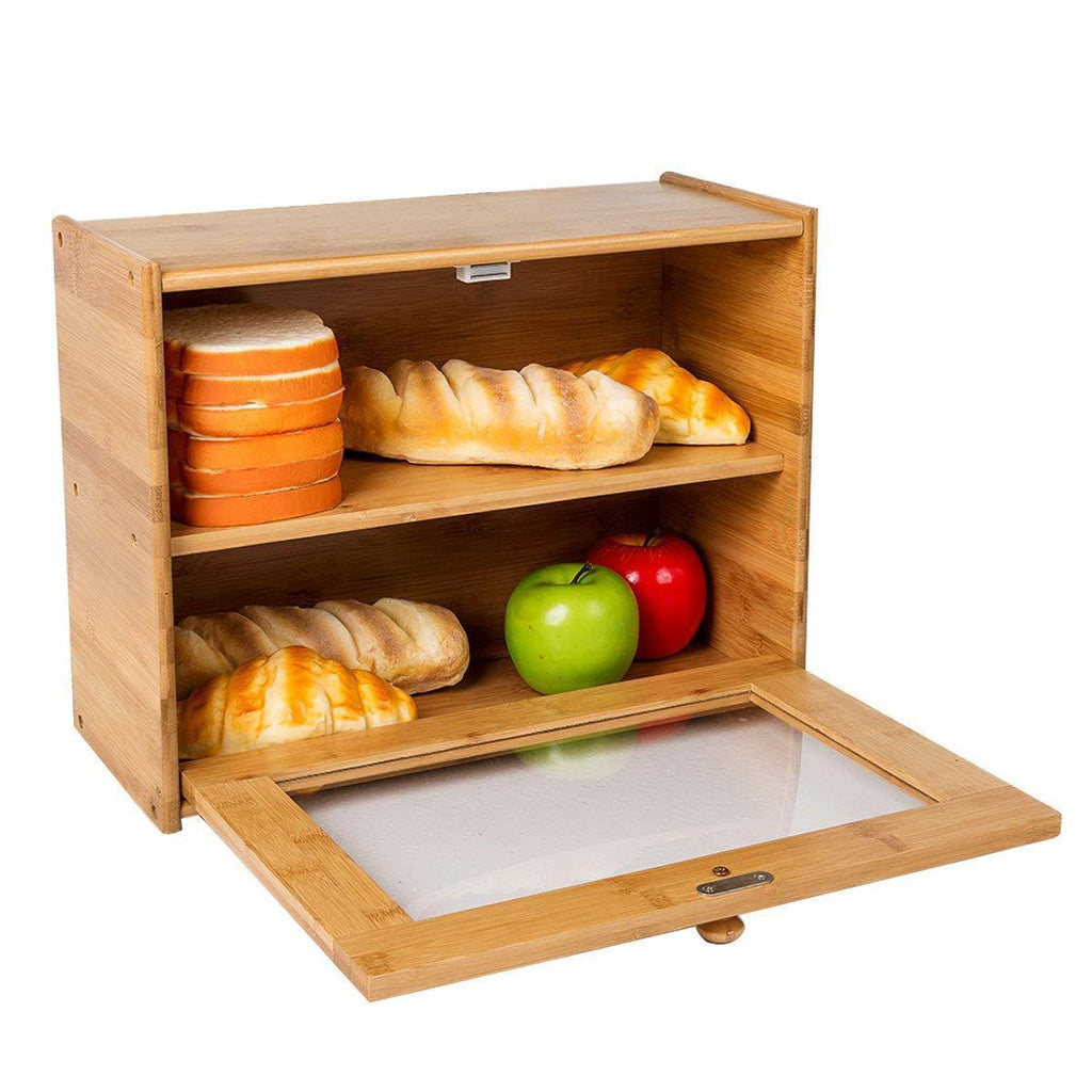 INDRESSME 2-Layer Bamboo Bread Box - Countertop Bread Storage Bin - Large Bread Box for Kitchen Counter with Transparent Window, 15.8"x 12"x 6.7" (SELF ASSEMBLY)