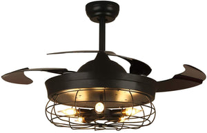 Ventilador de techo industrial vintage retráctil con luces y mando a distancia, 3 colores cambiantes, motor silencioso para casa de granja, comedor, sala de estar, dormitorio, 36 pulgadas, color negro
