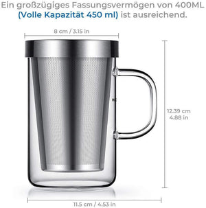 Ecooe Clear Glass Tea Mug Cup with Stainless Steel Infuser Lid for Loose Tea/Tea Bag 17 Ounce