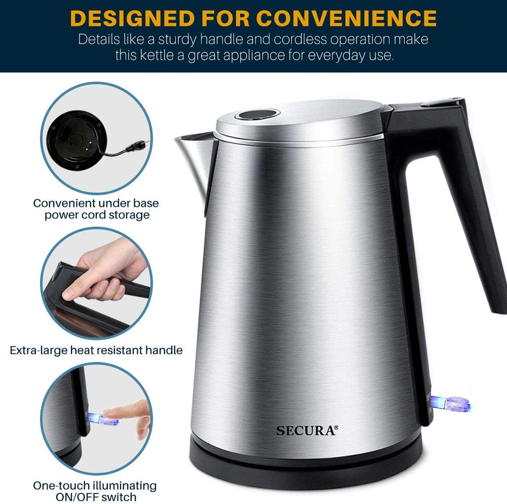 Secura Double Wall Stainless Steel Electric Kettle Water Heater for Tea Coffee w/Auto Shut-Off and Boil-Dry Protection, 1.5L/1.6Qt