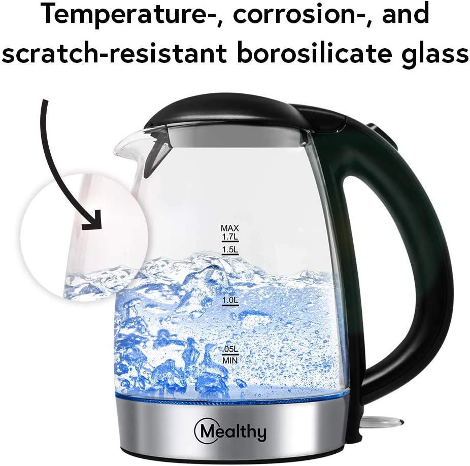 Mealthy Electric Kettle - Made with high quality Glass and is BPA-Free, 1.7 liter with Auto Shut-Off, Boiler & Tea Heater with LED Indicator Light, Boil-Dry Protection, 100% Stainless Steel