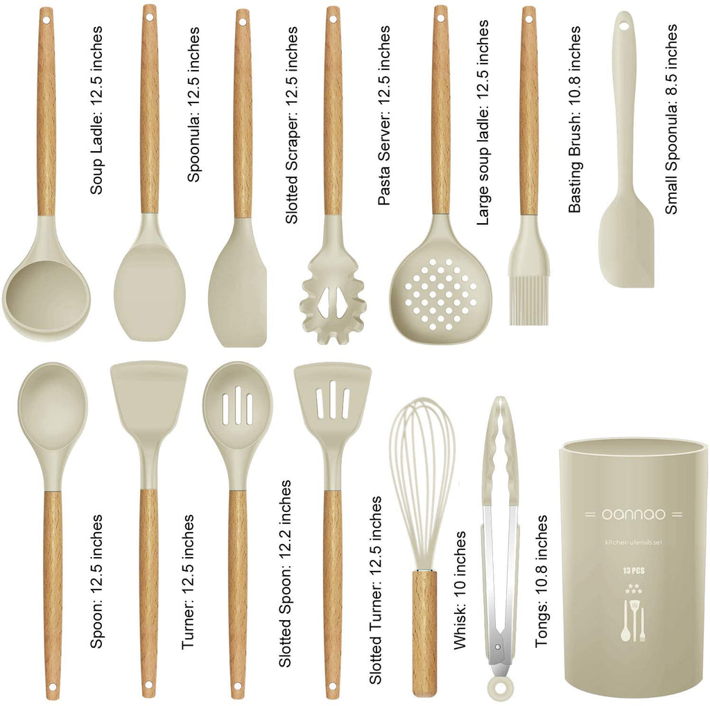 14 Pcs Silicone Cooking Utensils Kitchen Utensil Set, 446°F Heat Resistant,Turner Tongs,Spatula,Spoon,Brush,Whisk. Wooden Handles Khaki Kitchen Gadgets Tools Set for Non-stick Cookware (BPA Free)