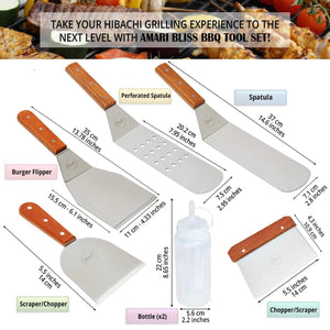 Hibachi Grill BBQ Accessories Griddle Spatula Flat Top Grill Tool Kit Metal Stainless Steel Spatula Set Hamburger Chopper Flipper Kitchen Utensil Set BBQ Grill Accessories Scraper Camping Accessories