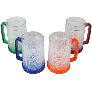 Lily's Home Double Wall Gel-Filled Acrylic Freezer Stein Mugs, Great as Old Fashion Drinking Glasses at BBQs and Parties, Clear with Assorted Color Accents (16 oz. Each, Set of 4)