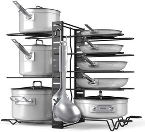 Pot Rack Organizer-Adjustable 8+ Pots and Pans Oragnizer, Kitchen Counter and Cabinet Pot Lid Holder with 3 DIY Methods (6 Hooks Included)