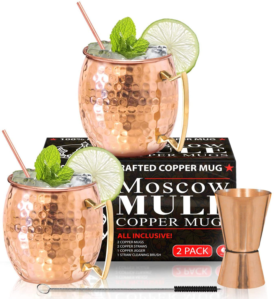 Benicci Moscow Mule Copper Mugs - Set of 2-100% HANDCRAFTED - Food Safe Pure Solid Copper Mugs - 16 oz Gift Set