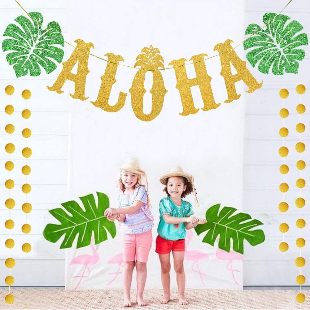 TMCCE Hawaiian Aloha Party Decorations Large Gold Glittery Aloha Banner for Luau Party Supplies Favors