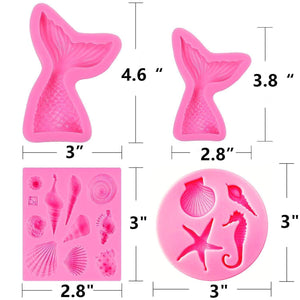 stbeyond Silicone Fondant Cake Molds - Mermaid Mold, Candy Mold - Cupcake DIY Baking Decoration Tools - Mermaid Tails(Large+Small) + Seashell Mold + Starfish, Seamaster mold (4pack)