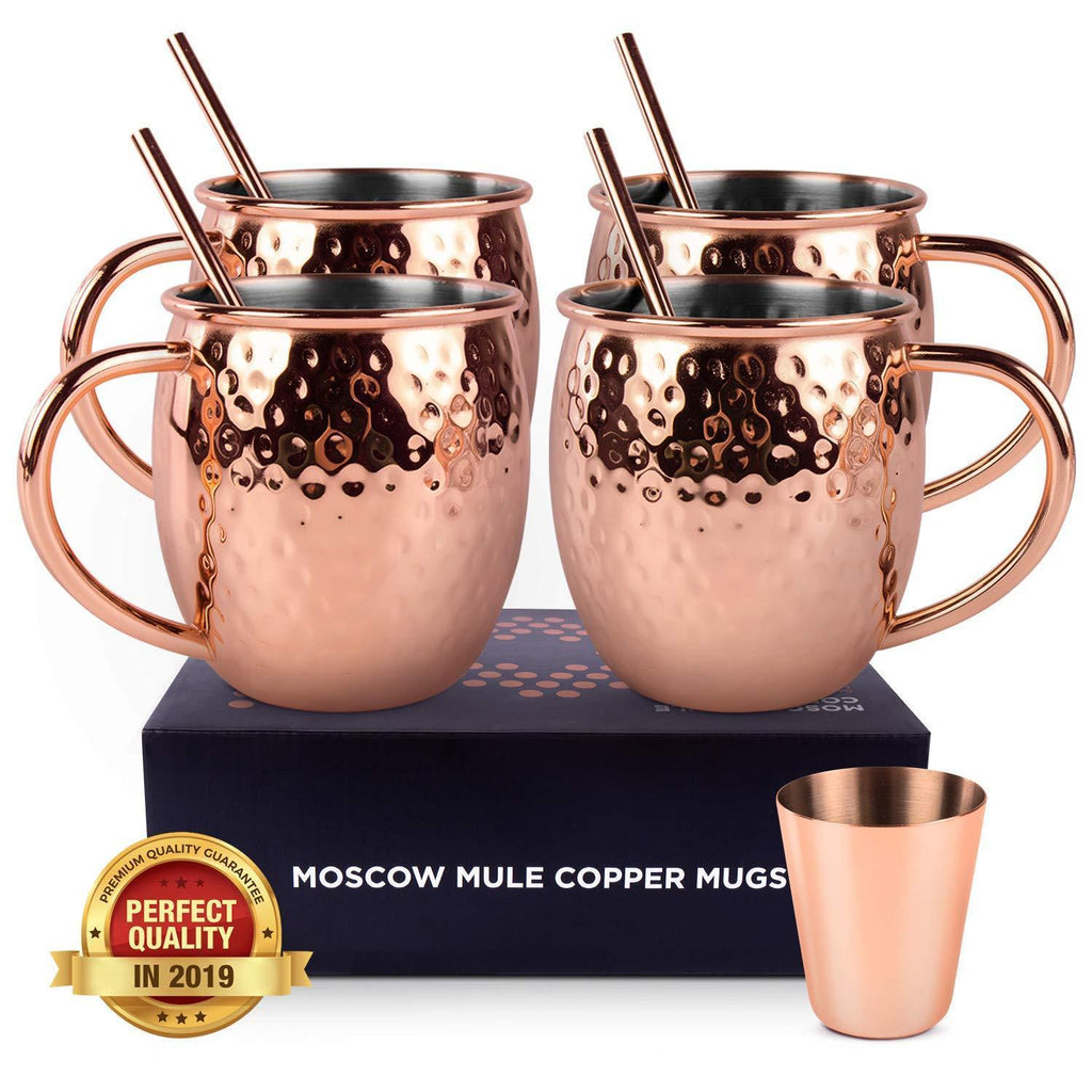 Moscow Mule Copper Mugs, Set of 4-100% HANDCRAFTED, Food-safe Copper Mugs 16 Ounce with Brass Handle and Stainless-Steel Lining, Highest Quality Cocktail Copper Strawsand Jigger