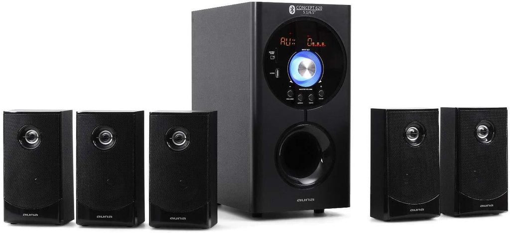 auna Areal Nobility 5.1-Channel Surround System • Home Theatre System • 5.1 System • 120 W RMS • 35 W Subwoofer • Satellite Speaker • Bluetooth 3.0 • USB Port • SD Slot • AUX-in • LED Display • Black