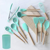 Kitchen Utensil Set Silicone Cooking Utensils, CROSDE 15pcs Kitchen Utensils Set Tools Wooden Handles Spatula Set Cookware Turner Tongs Spatula Spoon Kitchen Gadgets with Holder - Teal