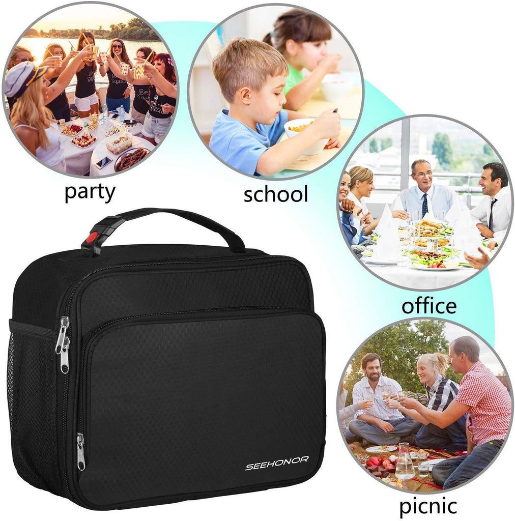 SEEHONOR Insulated Lunch Bag Thermal Durable Reusable Lunch Box Lunch Tote Bag Bento Bag Soft Bag for Boys Men Adults Office Work School, Black