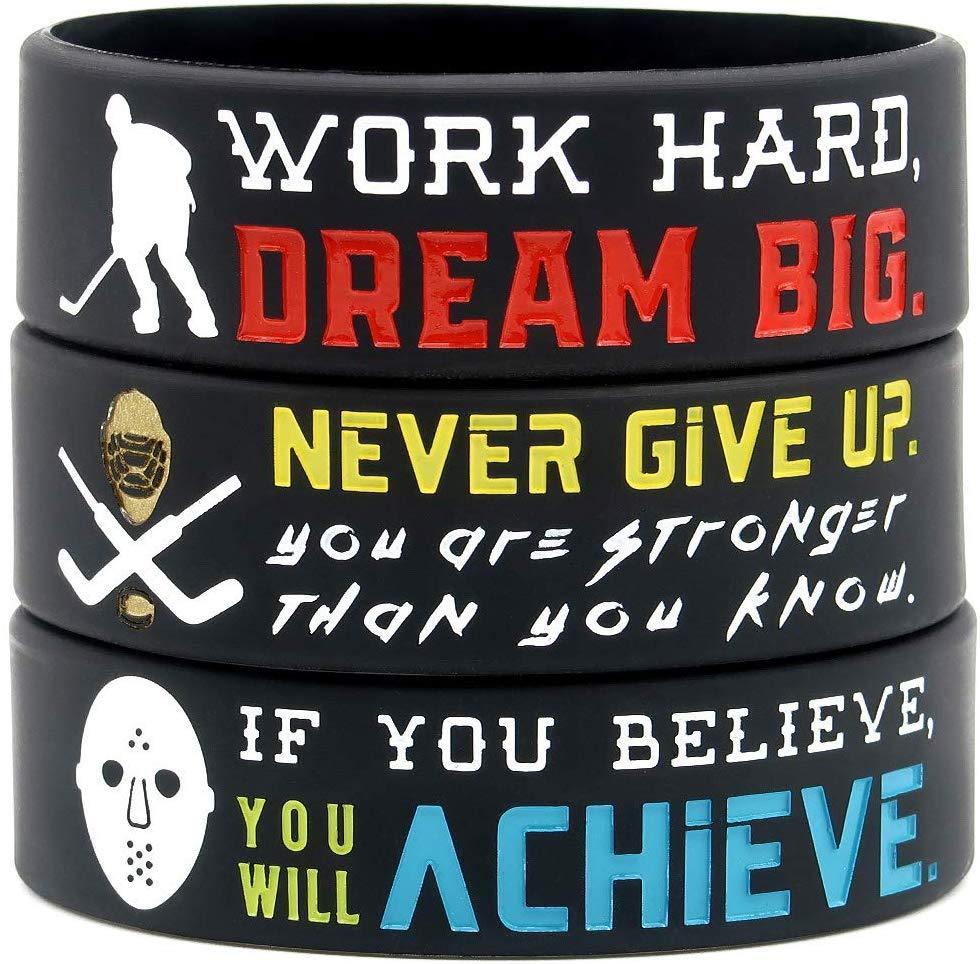 (6-Pack) Motivational Hockey Wristbands with Sports Quotes - Hockey Gifts Jewelry Accessories for Hockey Players Team Awards Party Favors - Unisex for Men Women Youth Teen Girls Boys