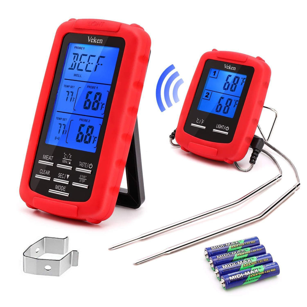 Veken Wireless Digital BBQ Meat Thermometer Remote Cooking Food Grill Thermometer with Dual Probes for Grilling Oven Smoker Thermometer Kitchen Tools, Battery Included (230 Feet), Red