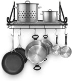 Sorbus Pots and Pan Rack — Decorative Wall Mounted Storage Hanging Rack — Multipurpose Wrought-Iron shelf Organizer for Kitchen Cookware, Utensils, Pans, Books, Bathroom (Wall Rack - Black)