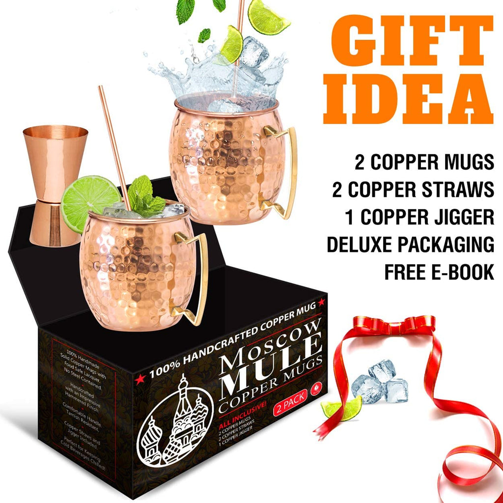 Benicci Moscow Mule Copper Mugs - Set of 2-100% HANDCRAFTED - Food Safe Pure Solid Copper Mugs - 16 oz Gift Set