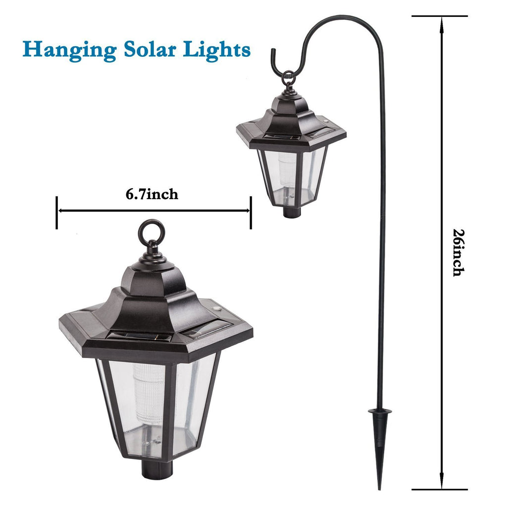 GIGALUMI 26 Inch Solar Lights Outdoor, Hanging Solar Coach Lantern with 2 Shepherd Hooks (2 Pack)