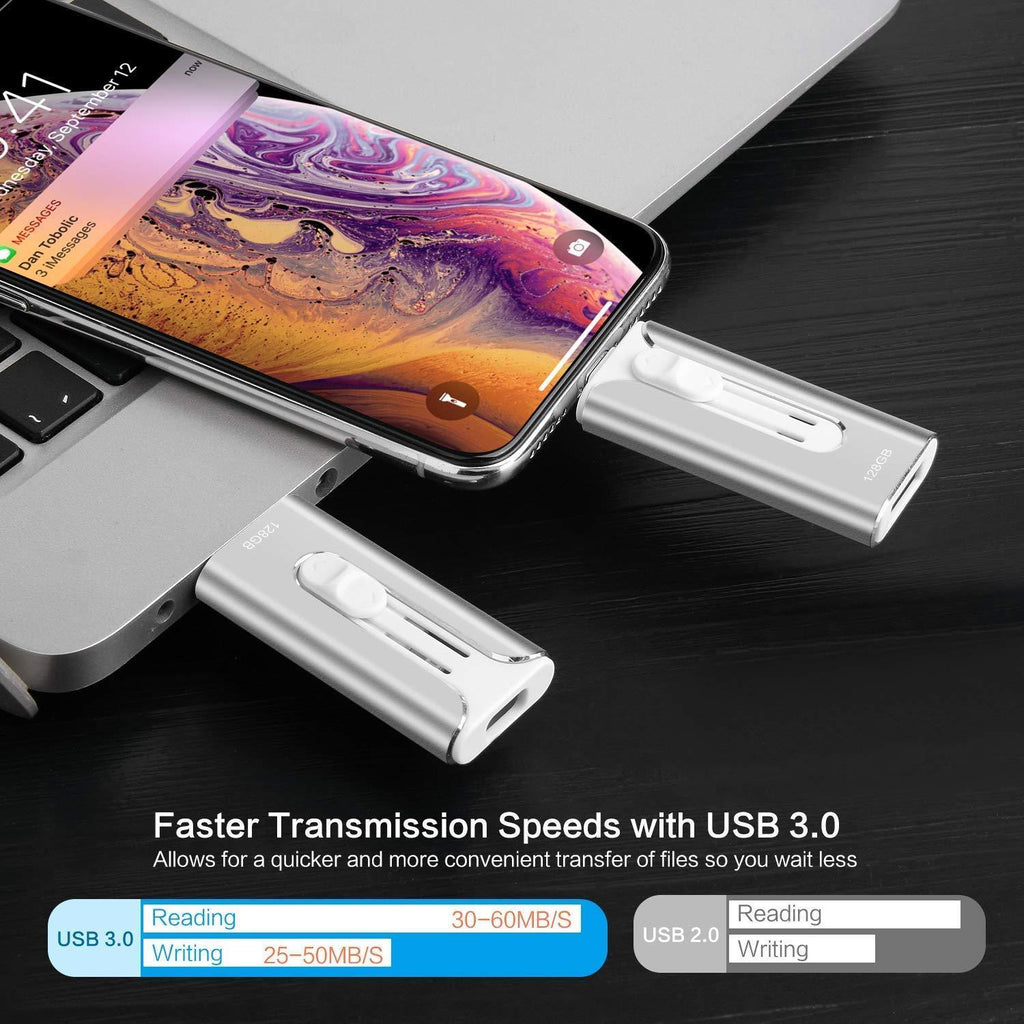 iOS Flash Drive for iPhone Photo Stick 128GB UPSTONE Memory Stick USB 3.0flash Drive Lightning Memory Stick for iPhone iPad Android and Computers (silvery-128GB)