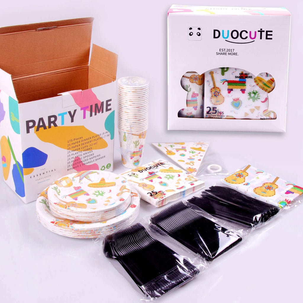 Duocute Fiesta Party Supplies 177PCS Mexican Theme Cinco De Mayo Disposable Tableware Set Includes Plates, 12oz Cups, Napkins, Spoons, Forks, Knives, Tablecloth and Banner, Serves 25