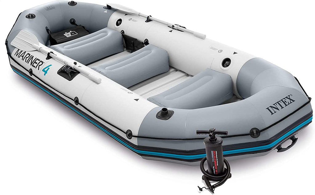 Intex Mariner 4, 4-Person Inflatable Boat Set with Aluminum Oars and High Output Air Pump (Latest Model)