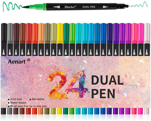 Dual Tip Art Marker Pens Fine Point Bullet Journal Pens & Colored Brush Markers for Kid Adult Coloring Books Drawing Planner Calendar Art Projects (24 Pens Set) by Aen Art