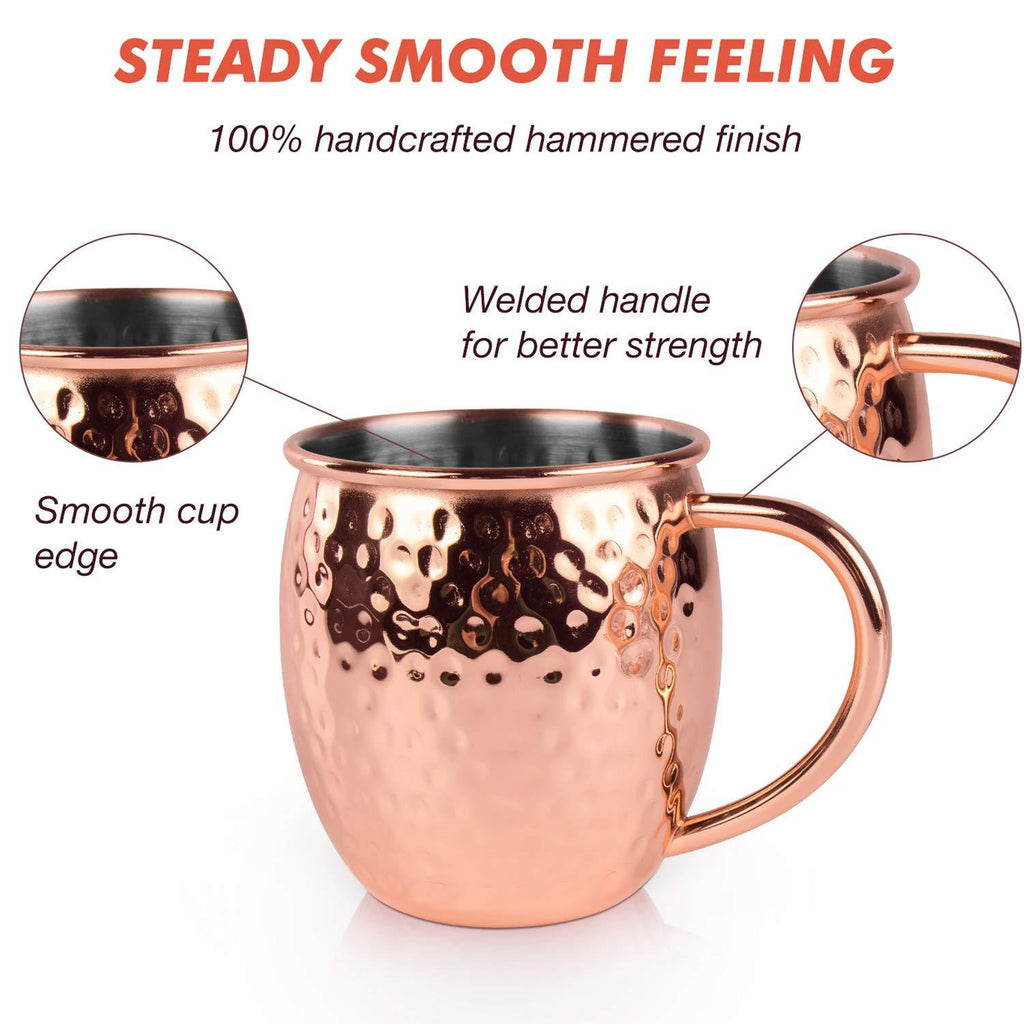 Moscow Mule Copper Mugs, Set of 4-100% HANDCRAFTED, Food-safe Copper Mugs 16 Ounce with Brass Handle and Stainless-Steel Lining, Highest Quality Cocktail Copper Strawsand Jigger