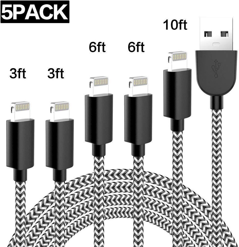 TNSO MFi Certified iPhone Charger Lightning Cable 5Pack(3FT 3FT 6FT 6FT 10FT) Extra Long Nylon Braided USB Fast Charging&Syncing Cord Compatible iPhone Xs MAX XR X 8 Plus 7 Plus 6s Plus Sliver Gray