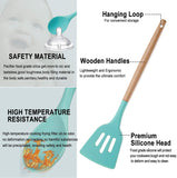 Kitchen Utensil Set Silicone Cooking Utensils, CROSDE 15pcs Kitchen Utensils Set Tools Wooden Handles Spatula Set Cookware Turner Tongs Spatula Spoon Kitchen Gadgets with Holder - Teal