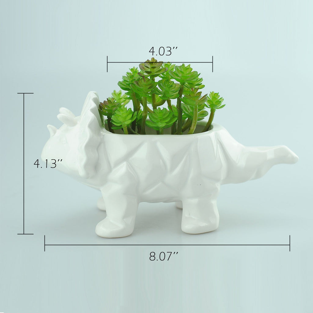 VanEnjoy 6 Inch Cute Cartoon Dinosaur Shape Ceramic Succulent Planter, Water Culture Hydroponics Bonsai Cactus Flower Pot,Air Plant Vase Holder Desktop Decorative Organizer (Triceratops, White)