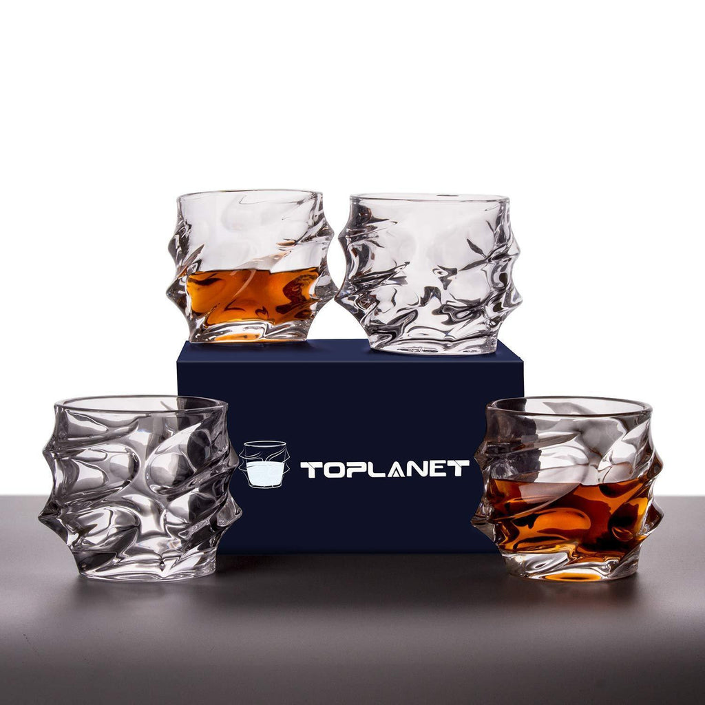 Whiskey Glasses Set of 4 Rocks Style,TOPLANET Crystal Lead Free Old Fashioned Glasses Tumbler with 4 Coaster, Whiskey Cup Set Drink for Gift Bar Party Whiskey Bourbon Scotch Vodka- 11 OZ Capacity
